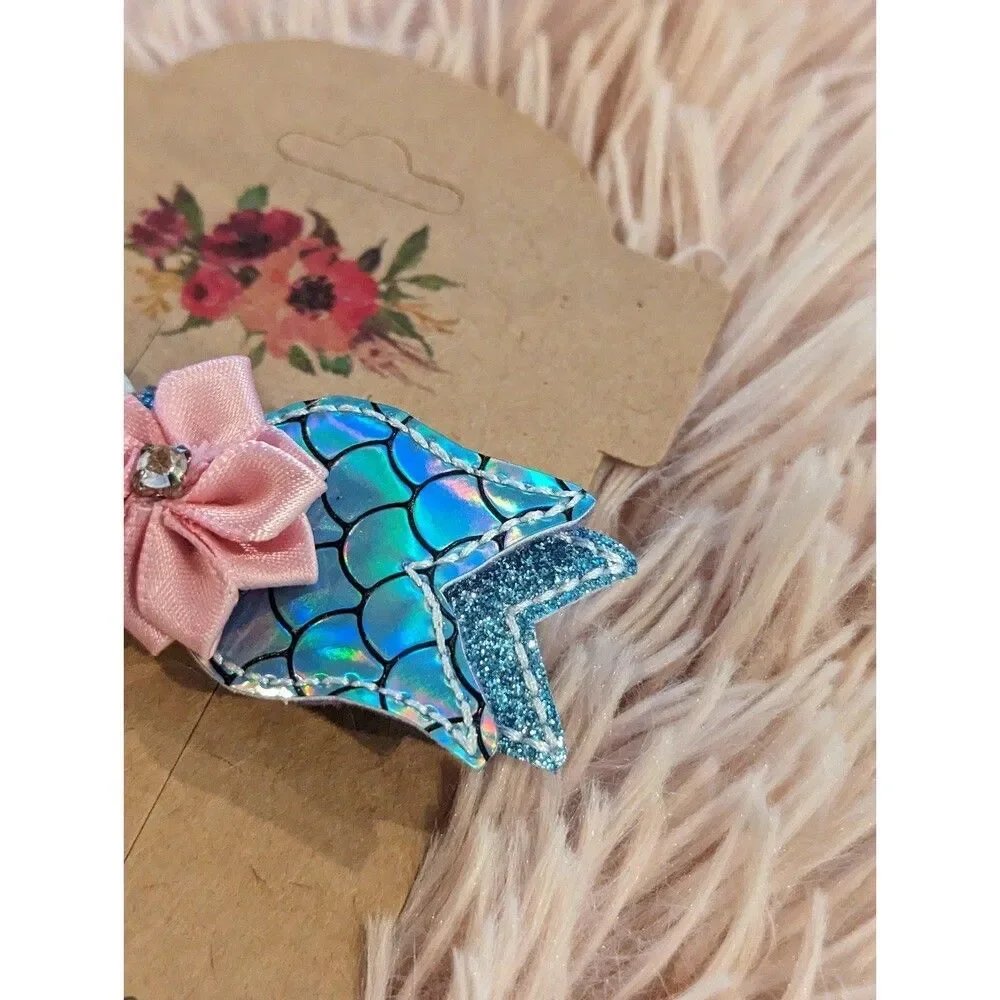 Blue narwhal hair bow handmade brand new barrette clip